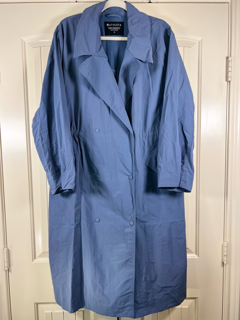 Athleta Luna Trench Coat Shadow Blue Double Breasted Long Jacket NWOT Size M - Picture 3 of 13